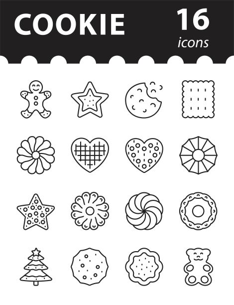 饼干的图标集。小吃插图。向量中的简单线性符号。图片下载