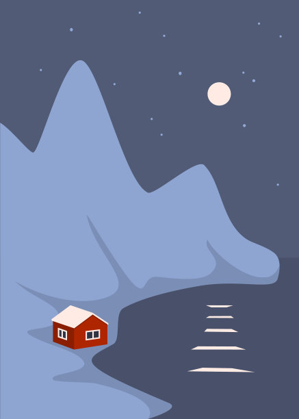 极简主义艺术版画，矢量插图与峡湾，红色木屋和星空图片下载
