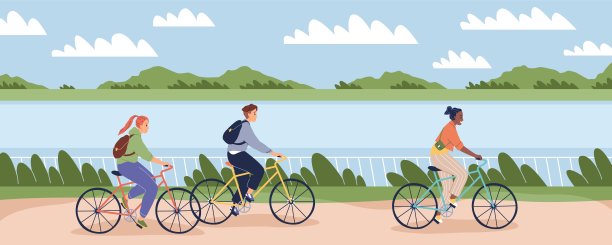 骑自行车的人户外。快乐青年男女在公园里骑自行车，骑自行车的人开河堤，健康的休闲生活方式和生态汽车，赛车运动矢量卡通概念图片下载