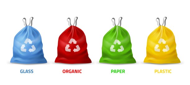 垃圾袋的颜色。现实的包装与处理分开的垃圾收集，不同的颜色和回收标志，可生物降解塑料，生态保护。矢量三维孤立集图片下载