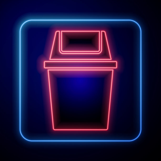 发光的霓虹灯垃圾桶图标孤立在蓝色图片下载