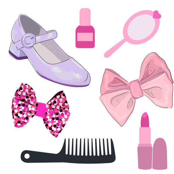 矢量插图的配件女孩。儿童设计的粉色和淡紫色物品。鞋子，蝴蝶结，梳子，口红，指甲油，镜子。粉红色蝴蝶结配亮片。女性化妆品和美容用品。图片下载