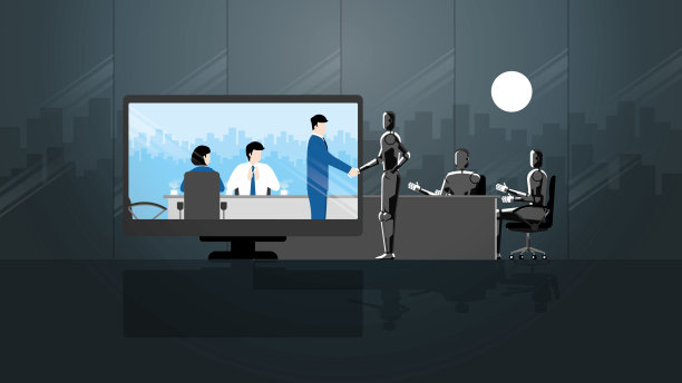 未来的在线商业伙伴。在合资企业的电话会议室从工作地点到另一个办公时区。与机器人人工智能团队打招呼握手。图片下载