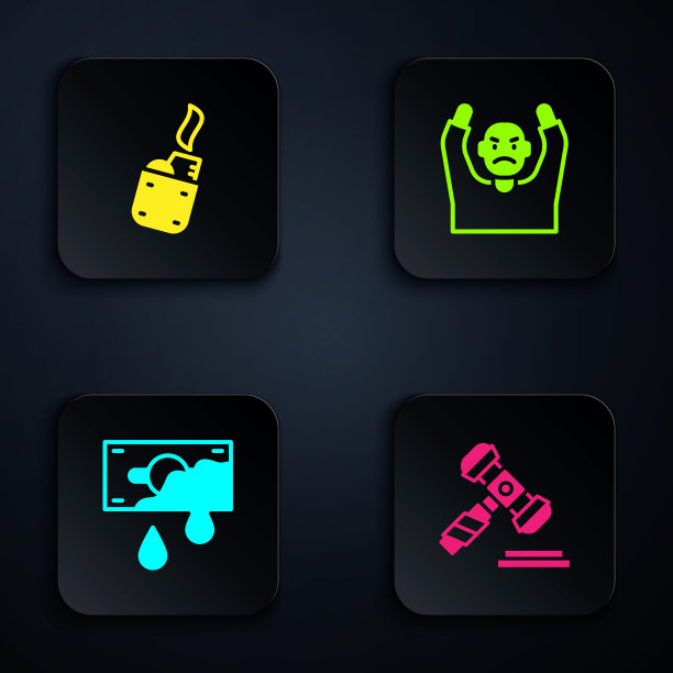 让法官的木槌，打火机，血腥的钱和小偷举手投降。黑色方形按钮。向量图片下载