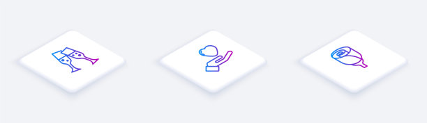 设置等距线香槟杯，心在手，花玫瑰。白色正方形按钮。向量图片下载