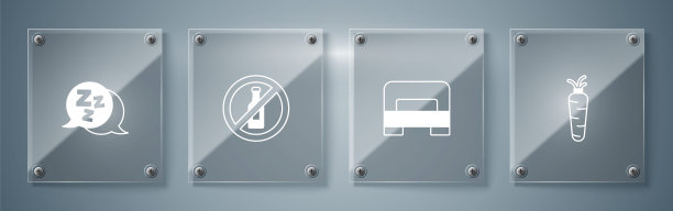 设置胡萝卜，大床，不喝酒和困倦。方形玻璃面板。向量图片下载