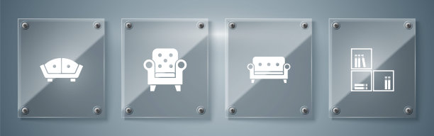 架子上放书，沙发，扶手椅。方形玻璃面板。向量图片下载