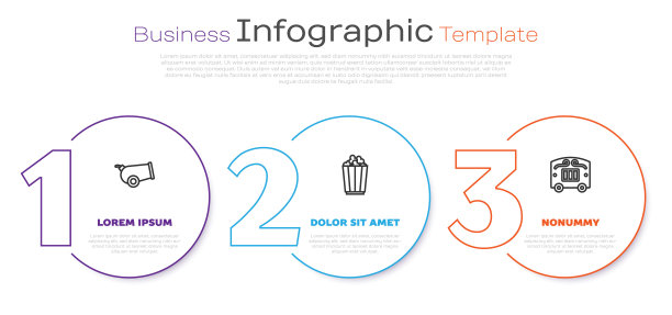 设置线炮，爆米花在盒子和马戏团马车。业务信息模板。向量图片下载