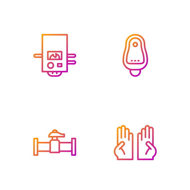 成套橡胶手套，工业管道和阀门，燃气锅炉，厕所小便器或尿壶。渐变颜色图标。向量图片下载