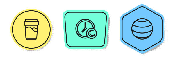 设置线玻璃与水，睡觉时间和健身球。颜色的形状。向量图片下载