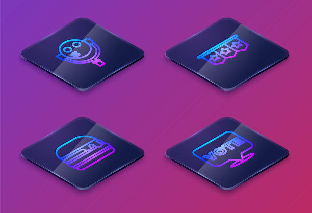 设置等距线旅游望远镜，汉堡，嘉年华花环与旗帜和投票。蓝色方块按钮。向量图片下载