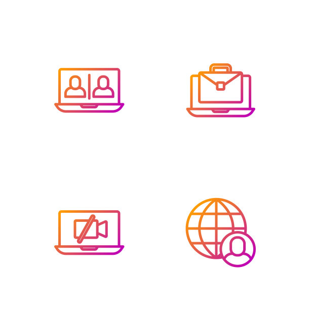 设置线路自由职业者，摄像头关闭笔记本电脑，聊天会议和在线工作。渐变颜色图标。向量图片下载