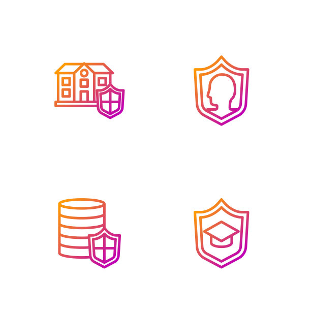 套线毕业帽与盾牌，金钱，房屋和人寿保险。渐变颜色图标。向量图片下载