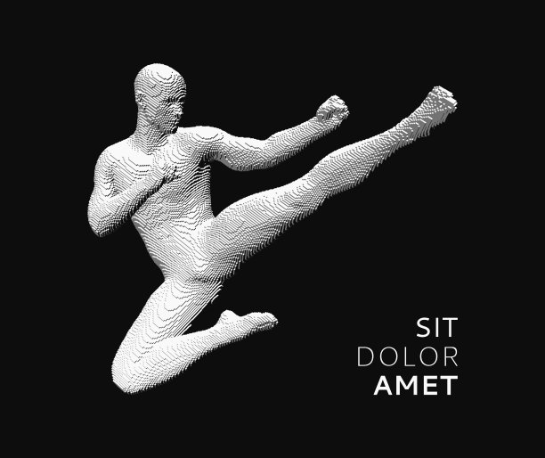 练习拳击的空手道男子在空中跳跃和踢腿。亚洲武术。运动训练的标志。向量插图的旗帜，传单，海报，封面或小册子。图片下载