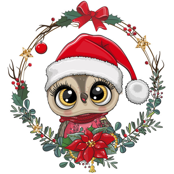 白色背景上戴圣诞帽的卡通猫头鹰图片下载