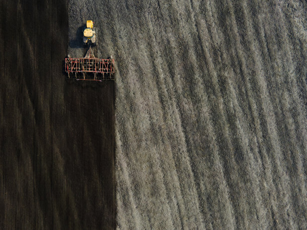 无人机拍摄的现代黄色拖拉机在旱地耕作，准备播种图片下载