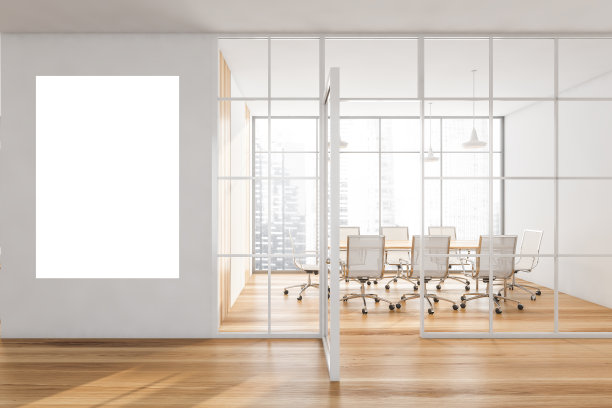模拟复制空间在会议室，家具和城市景观图片下载