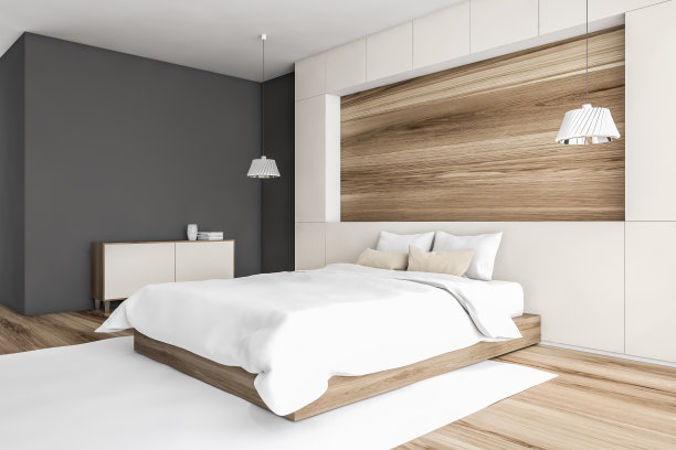 在木制和灰色的卧室复制空间图片下载