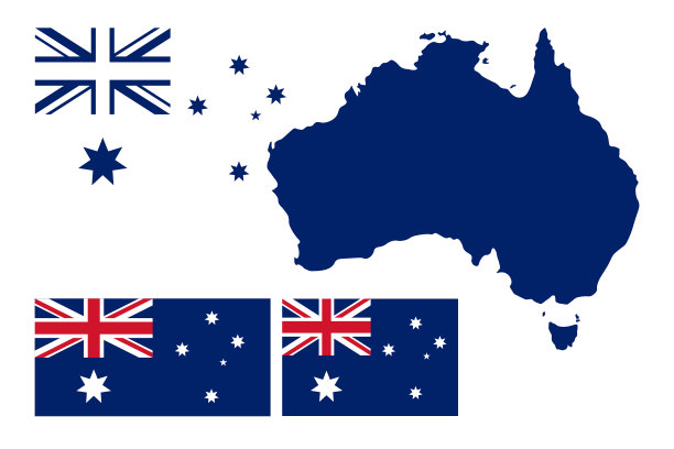 澳大利亚地图和旗帜简单的图标设置平坦图片下载