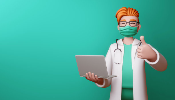快乐医生戴着口罩，用笔记本竖起大拇指，3d渲染。图片下载