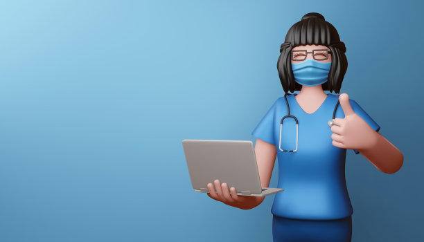 快乐医生戴着口罩，用笔记本竖起大拇指，3d渲染。图片下载