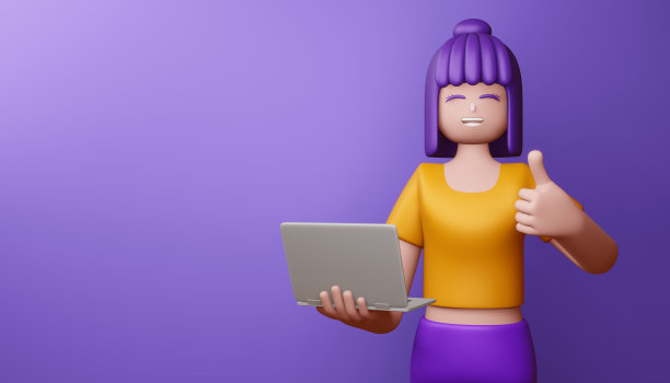 快乐的女孩用笔记本和3d渲染竖起大拇指。图片下载