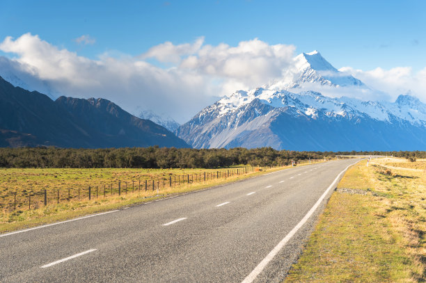 风景优美的自然景色，空旷的道路，通往雪山塔拉纳基在新西兰的北岛上午图片下载