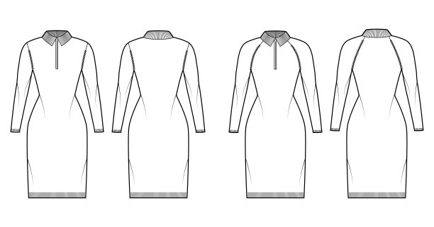 一套连衣裙拉链毛衣技术时尚插图与罗纹亨利颈，长raglan袖，合身的身体图片下载