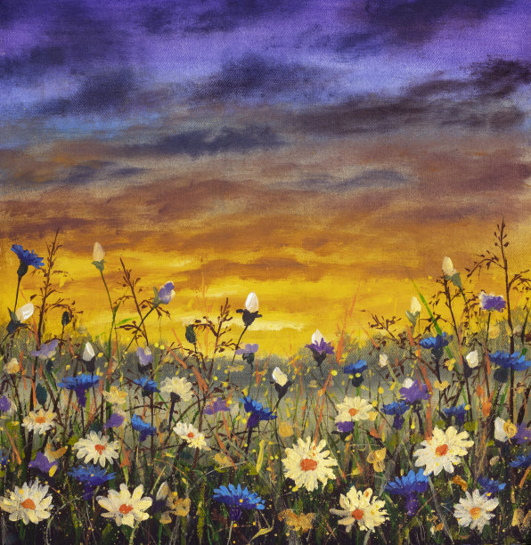 白色雏菊花蓝色矢车菊夏季风景田野明亮调色板刀画，印象派插画自然艺术品艺术图片下载