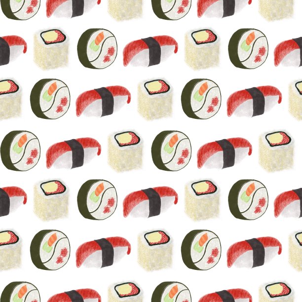 日式料理寿司和鱼子酱卷，鳕鱼，奶油芝士，海苔，米饭，在白色的背景上无缝衔接图片下载