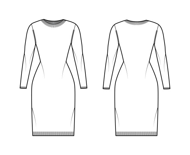圆领连衣裙毛衣技术时尚插图与长袖，苗条合身，膝盖长度，针织罗纹装饰套头衫图片下载