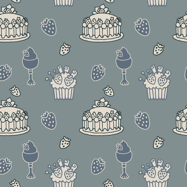 无缝图案绘制草莓，蛋糕，果酱罐，草莓松饼，心形。彩色蓝色印刷纺织品，菜单，贴纸，邀请，价格标签，标签，包装纸图片下载