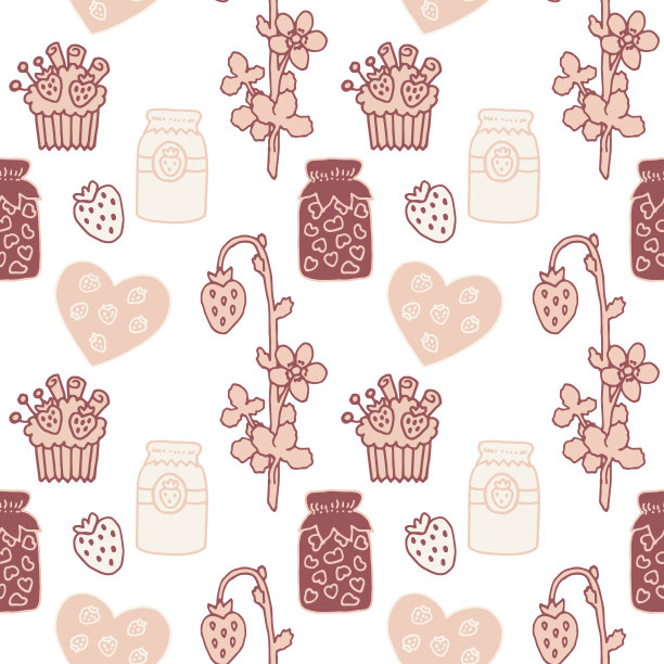 无缝图案绘制草莓，果酱罐，草莓松饼，草莓枝。棕色和米色印刷纺织品，菜单，贴纸，邀请，价格标签，标签图片下载