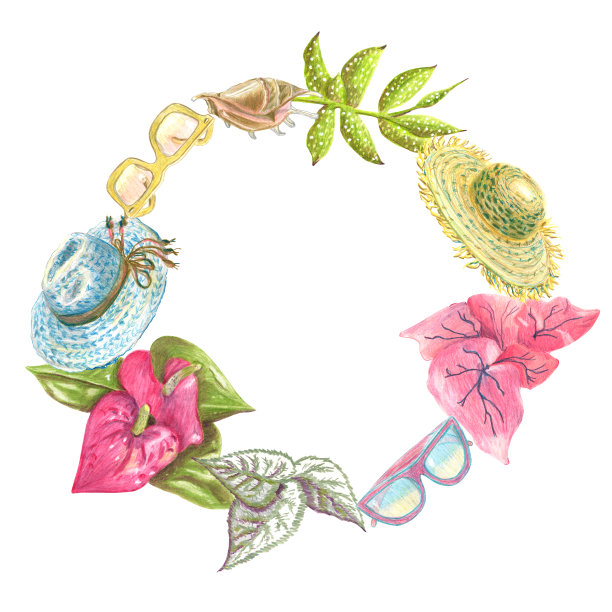 海滩度假项目的花环。用彩色铅笔画出不同元素的手绘草图。图片下载