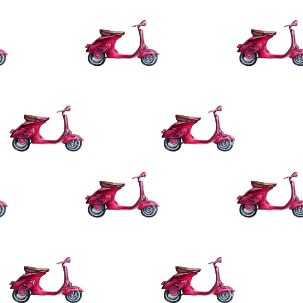 水彩手绘无缝图案与紫色复古摩托车在白色的背景。图片下载