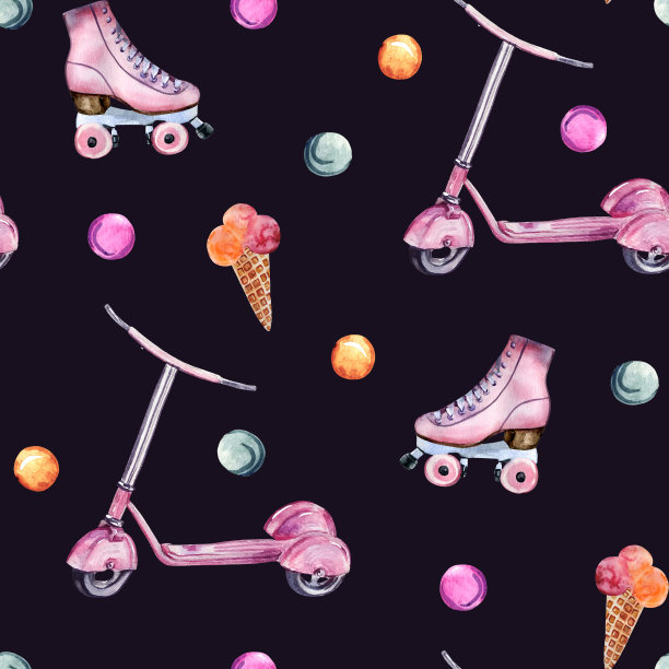 水彩手绘无缝模式与粉色滑板车，溜冰鞋，冰淇淋和泡沫在黑暗的背景。图片下载