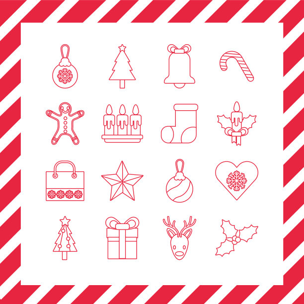 捆绑16个圣诞快乐线风格图标图片下载