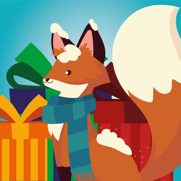 圣诞快乐，可爱的狐狸带着围巾、雪花和礼物图片下载