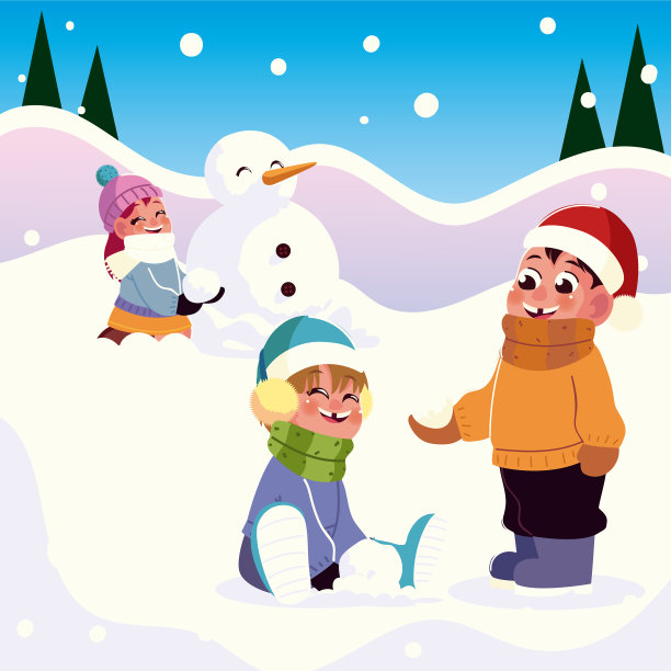 欢乐的团体女孩和男孩玩雪图片下载