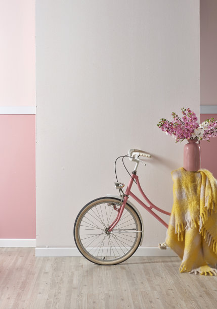 现代家居室内女孩房间设计风格与粉色板条墙和框架礼品自行车图片下载