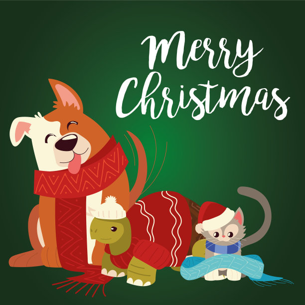 圣诞快乐，可爱的狗乌龟和猫图片下载