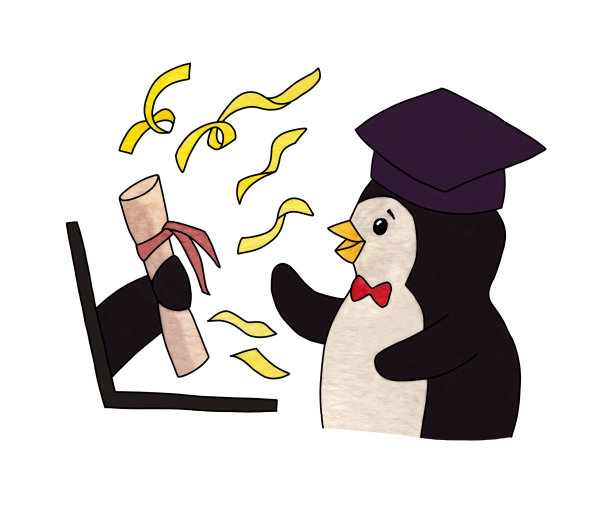 带着笔记本电脑的毕业生企鹅参加在线毕业庆典图片下载