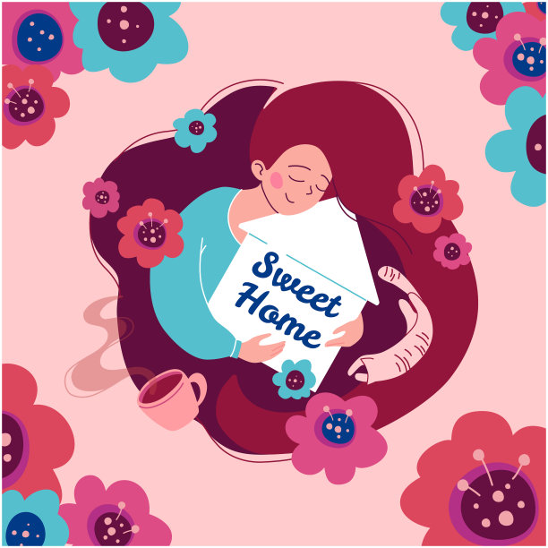 矢量插图甜蜜的家。女孩手里拿着一个温馨的房子，上面写着，一只猫，鲜花，一杯茶。精美的印刷，卡片，乔迁派对的邀请函。Hugge风格图片下载