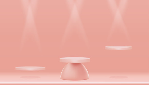 最小的讲台展示与圆筒站在空墙上桃色聚光灯，矢量现实3D孤立的空货架产品介绍，化妆品产品展示或水疗展柜图片下载