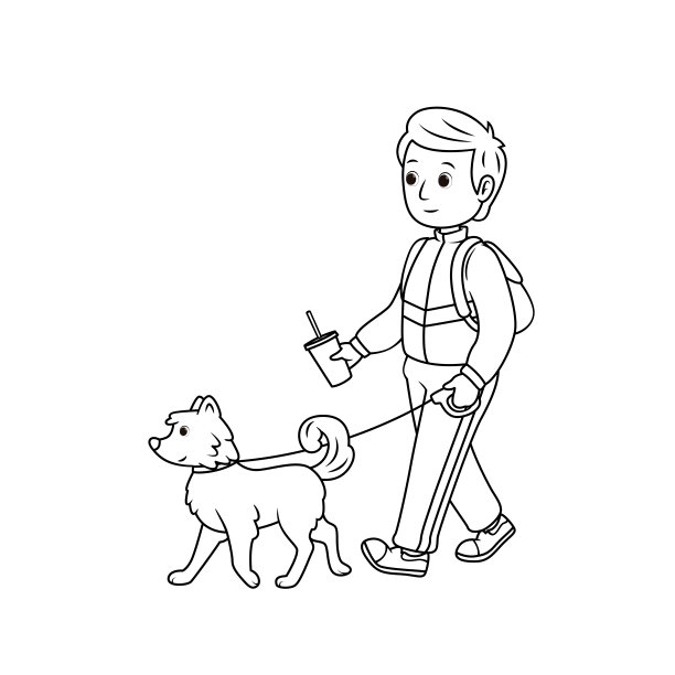 矢量插图的一个人带着狗散步孤立在白色的背景。活动休闲的概念。孩子着色页面。彩色卡通人物剪贴画。图片下载
