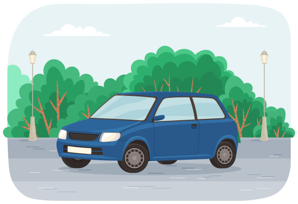 蓝色的汽车在城市街道上靠近高大的绿树的背景。城市景观中的现代微型车图片下载