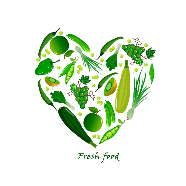 卡片上有新鲜的水果和蔬菜——辣椒和黄瓜，青豆和洋葱，苹果和葡萄。图片下载