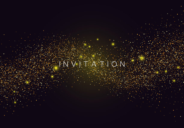 五彩纸屑闪闪发光波。向量金色邀请黑色背景。图片下载