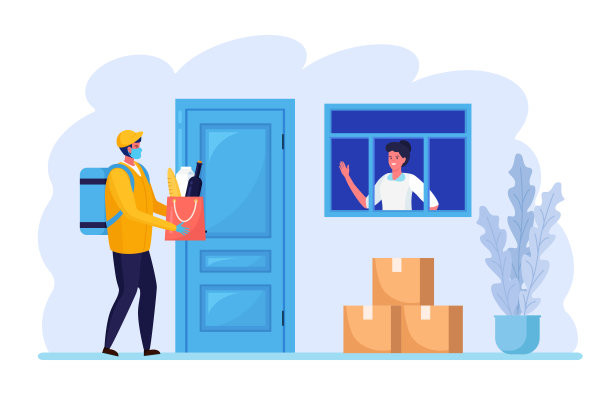 安全无接触送货到家。快递员将面罩与食品袋放在门边。检疫规则。矢量图图片下载