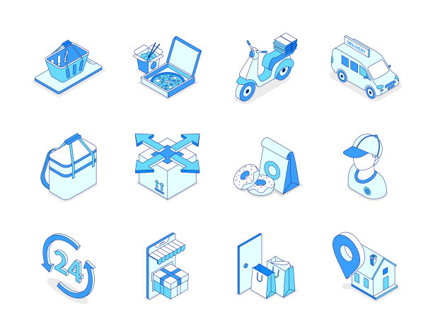 食品配送服务-现代等距图标设置图片下载